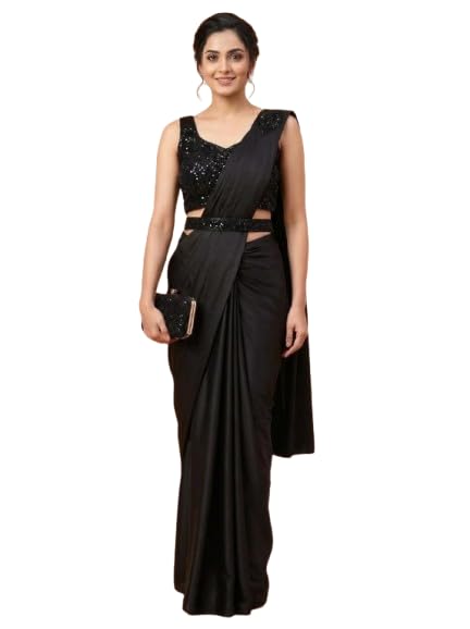 OWLSKY, SASSY & STYLO Women's Imported Georgette Ready to Wear Saree | One Minute Saree With stitched Blouse Piece | Ruffle Border | Ready to Wear Drape | Wedding & Festive Saree for Women - Image 3
