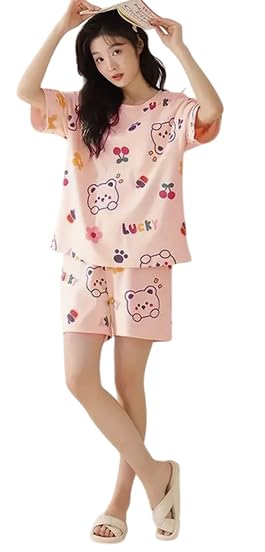 Lunza Women's Cotton Blend Pajama Set, Short Sleeve T-Shirt and Shorts, Cute Bear Print Nightwear - Image 7