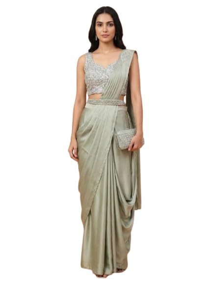 OWLSKY, SASSY & STYLO Women's Imported Georgette Ready to Wear Saree | One Minute Saree With stitched Blouse Piece | Ruffle Border | Ready to Wear Drape | Wedding & Festive Saree for Women - Image 2