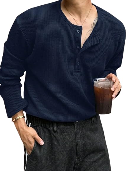 Trillion Men's Textured Fabric Solid Color Basic Half-Open Collar T-Shirt, Fall Long Sleeve Men Shirt | Tshirt for Men - Image 2