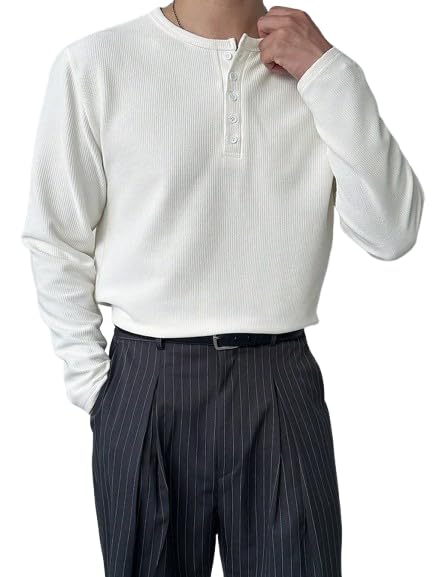 Trillion Men's Textured Fabric Solid Color Basic Half-Open Collar T-Shirt, Fall Long Sleeve Men Shirt | Tshirt for Men - Image 3
