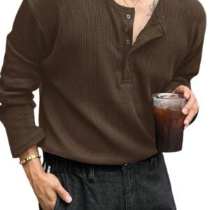 Trillion Men's Textured Fabric Solid Color Basic Half-Open Collar T-Shirt, Fall Long Sleeve Men Shirt | Tshirt for Men