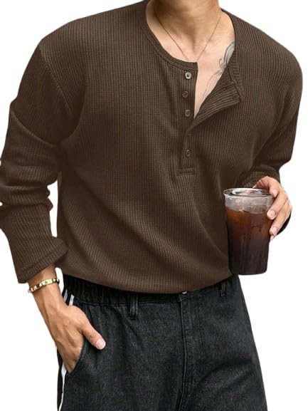 Trillion Men's Textured Fabric Solid Color Basic Half-Open Collar T-Shirt, Fall Long Sleeve Men Shirt | Tshirt for Men