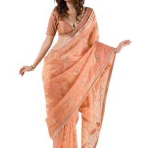 Women's Dual Tone Soft Net Sequin Embroidery, Siroski Work Saree with unstitched Blouse Piece
