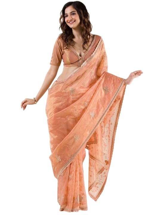Women's Dual Tone Soft Net Sequin Embroidery, Siroski Work Saree with unstitched Blouse Piece