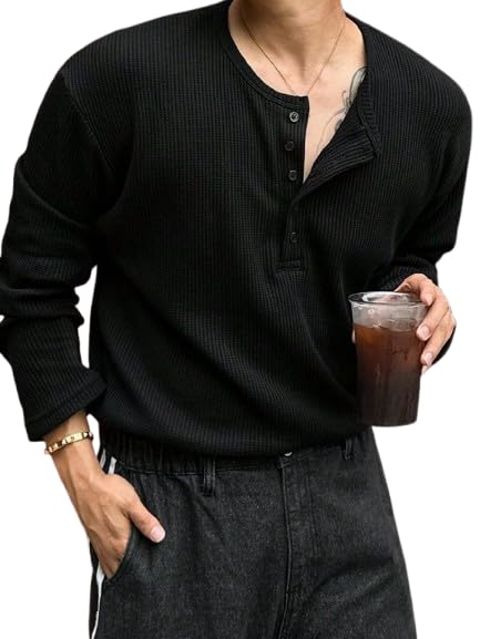 Trillion Men's Textured Fabric Solid Color Basic Half-Open Collar T-Shirt, Fall Long Sleeve Men Shirt | Tshirt for Men - Image 5