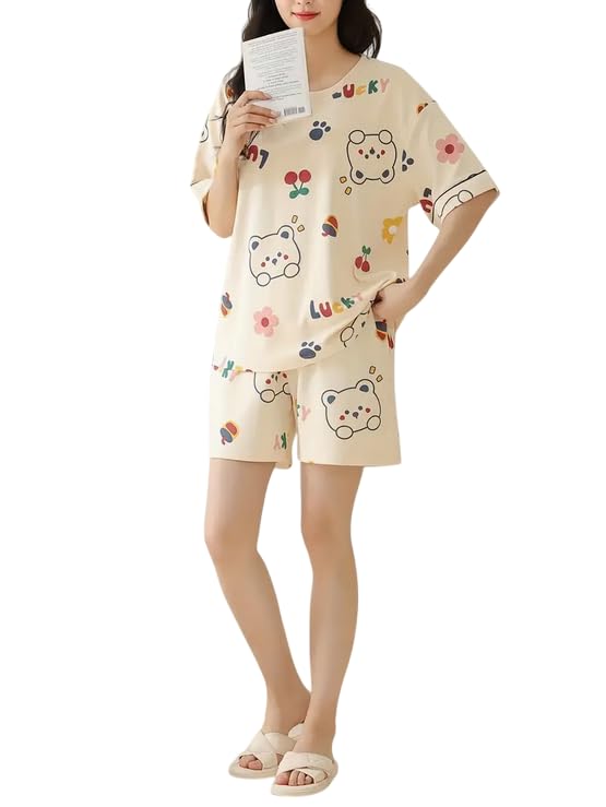 Lunza Women's Cotton Blend Pajama Set, Short Sleeve T-Shirt and Shorts, Cute Bear Print Nightwear - Image 3