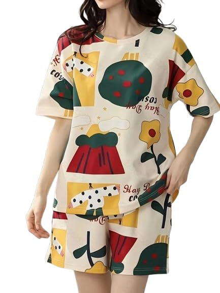 Lunza Women's Cotton Blend Pajama Set, Short Sleeve T-Shirt and Shorts, Cute Bear Print Nightwear - Image 6