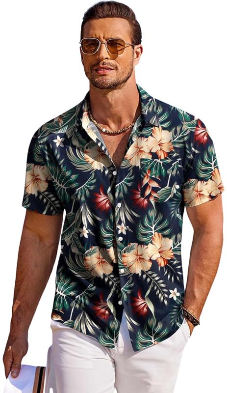 Impression Fab® Floral Print Cotton Multicoloured Short Sleeve Button Down Beach Outfits for Men Shirt - Image 6