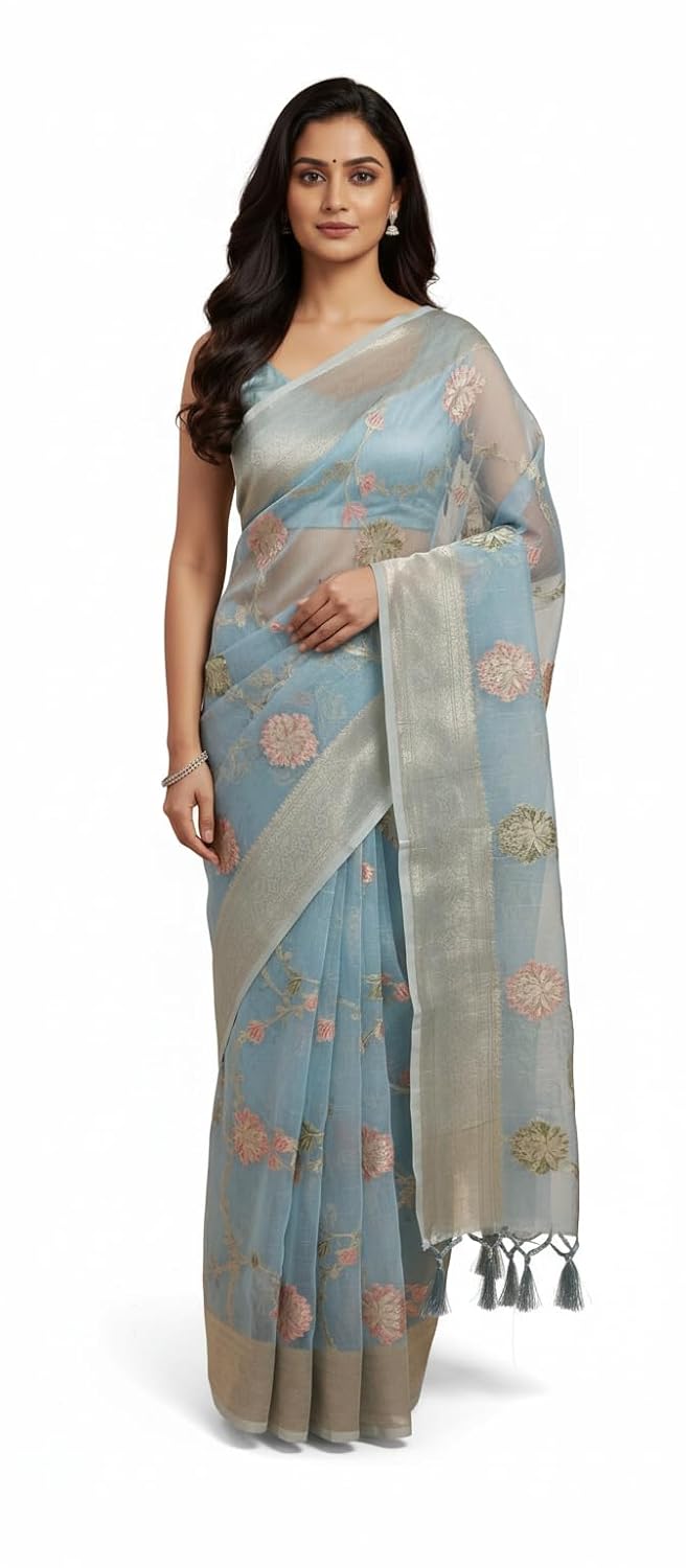 OWLSKY, SASSY & STYLO Pure Stylish Organza Silk Saree for Women | Elegant Woven Organza Saree with Floral Design | Festive, Party & Wedding Guest Wear | Includes Unstitched Blouse Piece - Image 3