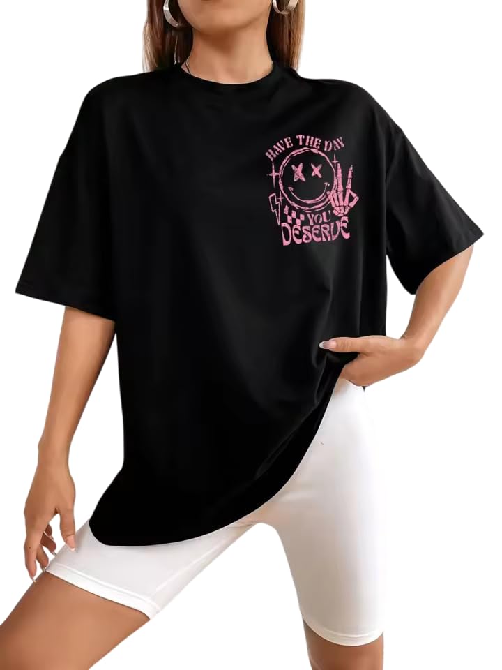 Jawdrobe Cotton Blend Oversized Fit Half Sleeve Printed Round Neck T-Shirt for Women | Aesthetic Summer Wear - Image 6