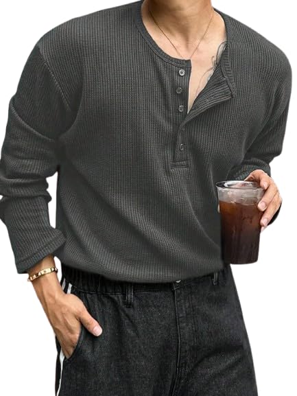 Trillion Men's Textured Fabric Solid Color Basic Half-Open Collar T-Shirt, Fall Long Sleeve Men Shirt | Tshirt for Men - Image 4