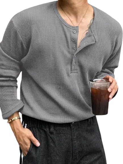Trillion Men's Textured Fabric Solid Color Basic Half-Open Collar T-Shirt, Fall Long Sleeve Men Shirt | Tshirt for Men - Image 6