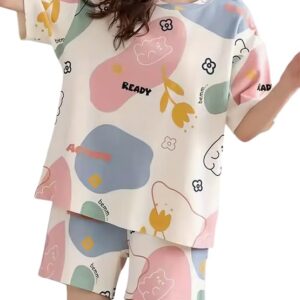 Lunza Women's Cotton Blend Pajama Set, Short Sleeve T-Shirt and Shorts, Cute Bear Print Nightwear