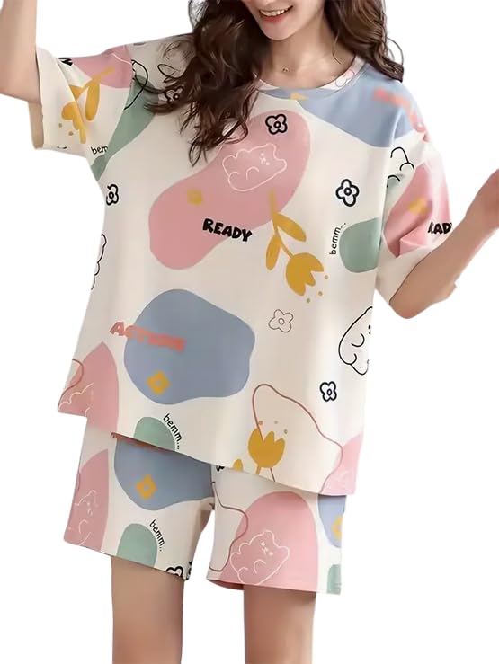 Lunza Women's Cotton Blend Pajama Set, Short Sleeve T-Shirt and Shorts, Cute Bear Print Nightwear