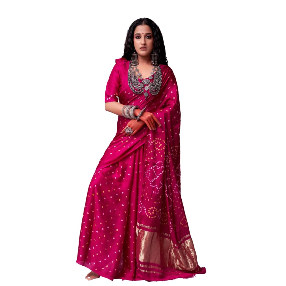 HEMA SILK MILLS Women's Latest Silk Heavy Bandhani Print Saree with Blouse Piece Gajji