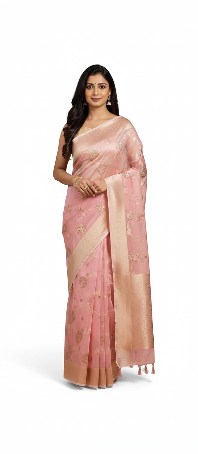 OWLSKY, SASSY & STYLO Pure Stylish Organza Silk Saree for Women | Elegant Woven Organza Saree with Floral Design | Festive, Party & Wedding Guest Wear | Includes Unstitched Blouse Piece