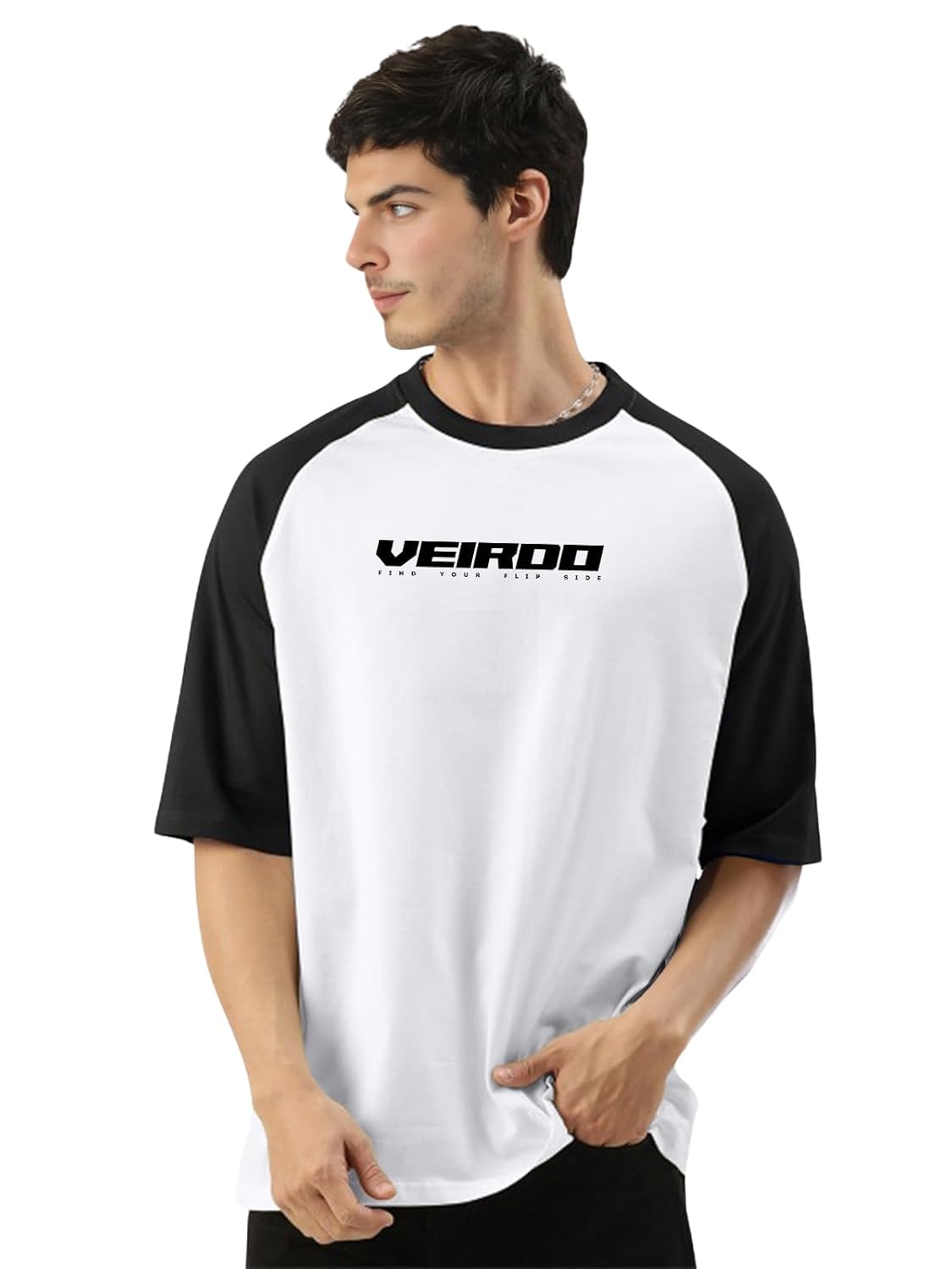 Veirdo® 100% Pure Cotton Oversized Loose Baggy Fit Drop Shoulder Round Neck Cool Front Chest Typographic Logo Printed Raglan Sleeve T-Shirt for Men (Colors: White, Black, Swanwhite, Beige & Grey) - Image 5