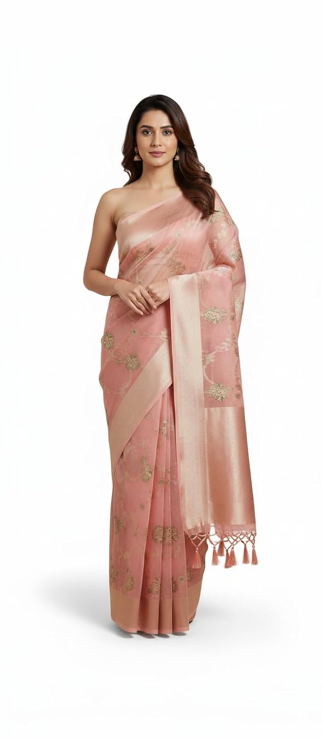 OWLSKY, SASSY & STYLO Pure Stylish Organza Silk Saree for Women | Elegant Woven Organza Saree with Floral Design | Festive, Party & Wedding Guest Wear | Includes Unstitched Blouse Piece - Image 5
