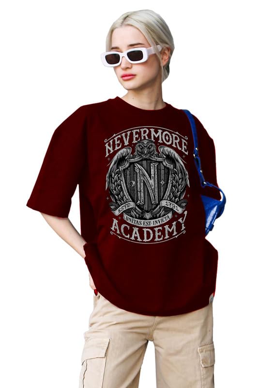 The Duffers Baggy Nevermore T-Shirts for Women - Workout, Exercise, Gym, Wednesday Oversize Tees - Round Neck, Short Sleeve, Loose Fit