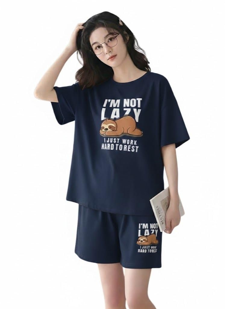 SMOWKLY Women Korean Cotton Blend Night Suit | Short Night Dress Set for Women | Soft Printed T-Shirt & Shorts Pajama Set | Comfortable Summer Nightwear for Ladies & Girls - Image 3