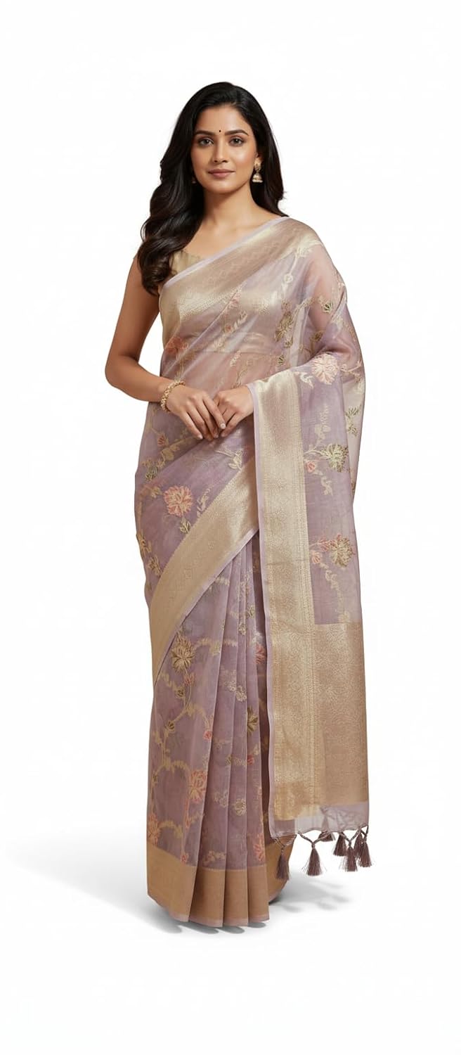 OWLSKY, SASSY & STYLO Pure Stylish Organza Silk Saree for Women | Elegant Woven Organza Saree with Floral Design | Festive, Party & Wedding Guest Wear | Includes Unstitched Blouse Piece - Image 2