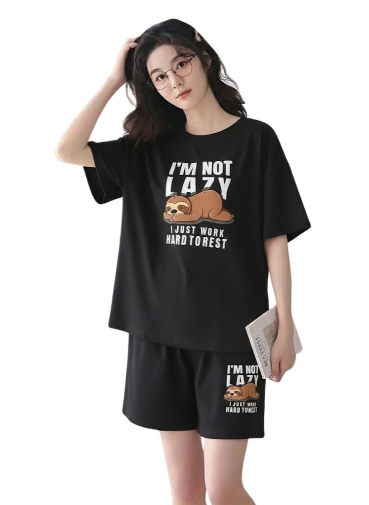 SMOWKLY Women Korean Cotton Blend Night Suit | Short Night Dress Set for Women | Soft Printed T-Shirt & Shorts Pajama Set | Comfortable Summer Nightwear for Ladies & Girls - Image 2