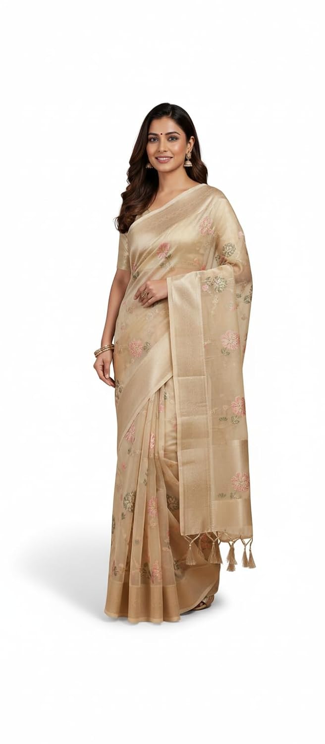 OWLSKY, SASSY & STYLO Pure Stylish Organza Silk Saree for Women | Elegant Woven Organza Saree with Floral Design | Festive, Party & Wedding Guest Wear | Includes Unstitched Blouse Piece - Image 6