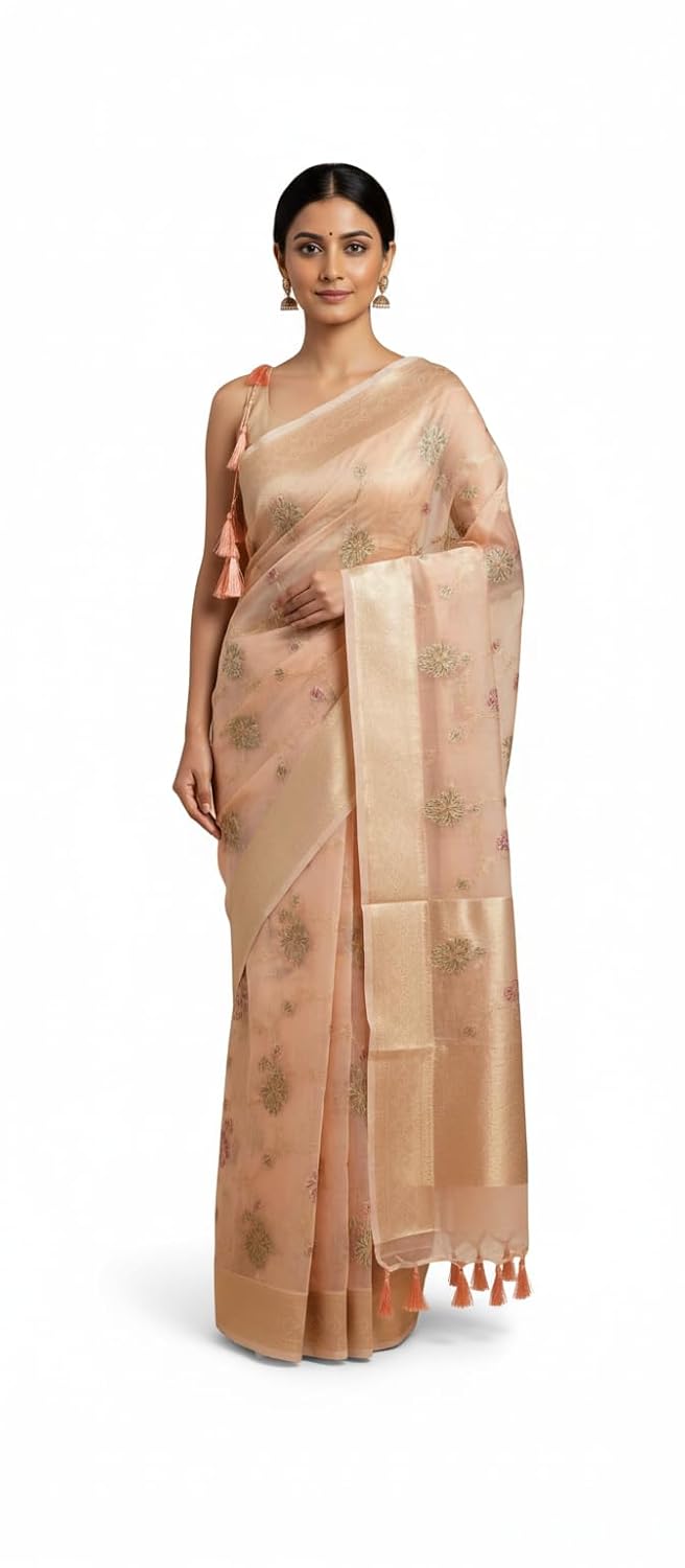 OWLSKY, SASSY & STYLO Pure Stylish Organza Silk Saree for Women | Elegant Woven Organza Saree with Floral Design | Festive, Party & Wedding Guest Wear | Includes Unstitched Blouse Piece - Image 4