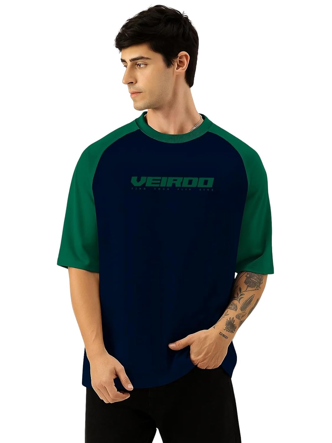 Veirdo® 100% Pure Cotton Oversized Loose Baggy Fit Drop Shoulder Round Neck Cool Front Chest Typographic Logo Printed Raglan Sleeve T-Shirt for Men (Colors: White, Black, Swanwhite, Beige & Grey) - Image 3