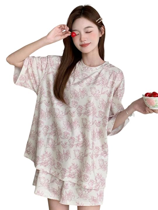 Lunza Women's Cotton Blend Pajama Set, Short Sleeve T-Shirt and Shorts, Cute Bear Print Nightwear - Image 2