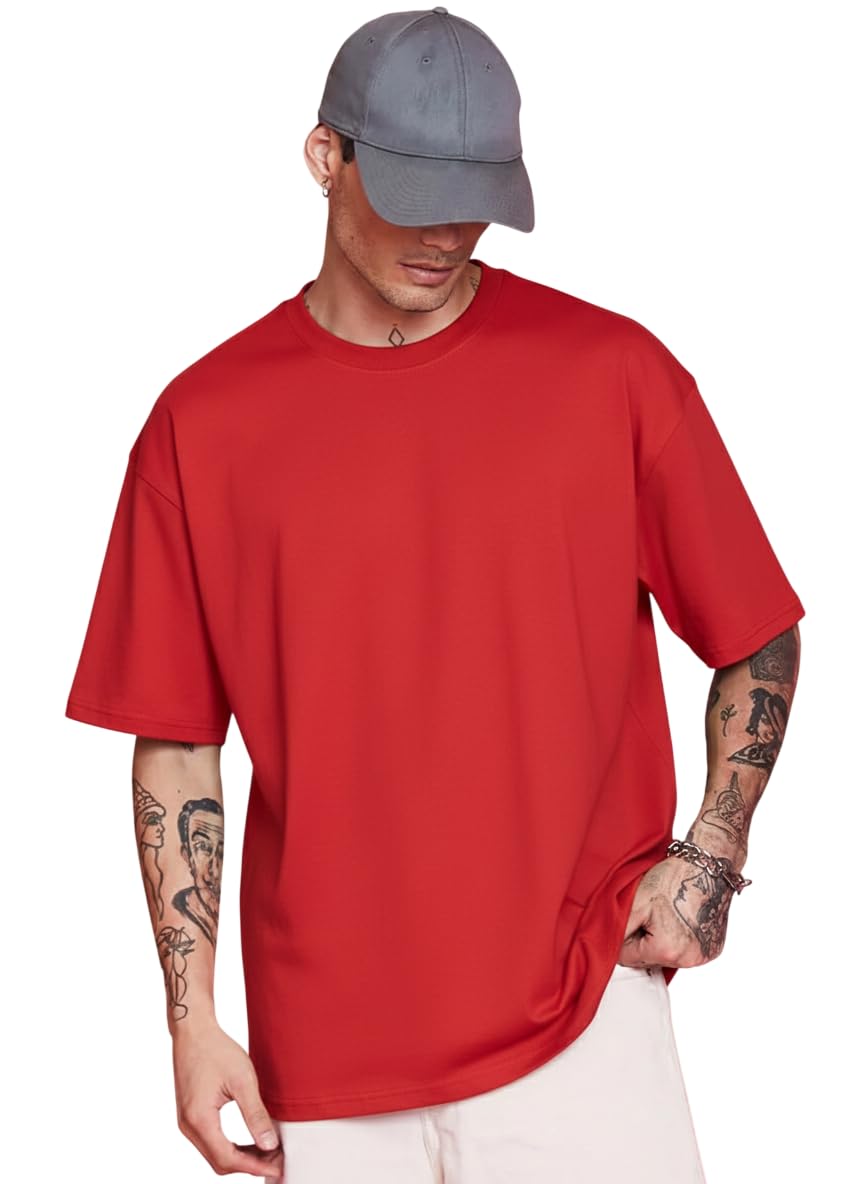 RodZen Men's Cotton Blend Half Sleeve Solid Oversized T-Shirt