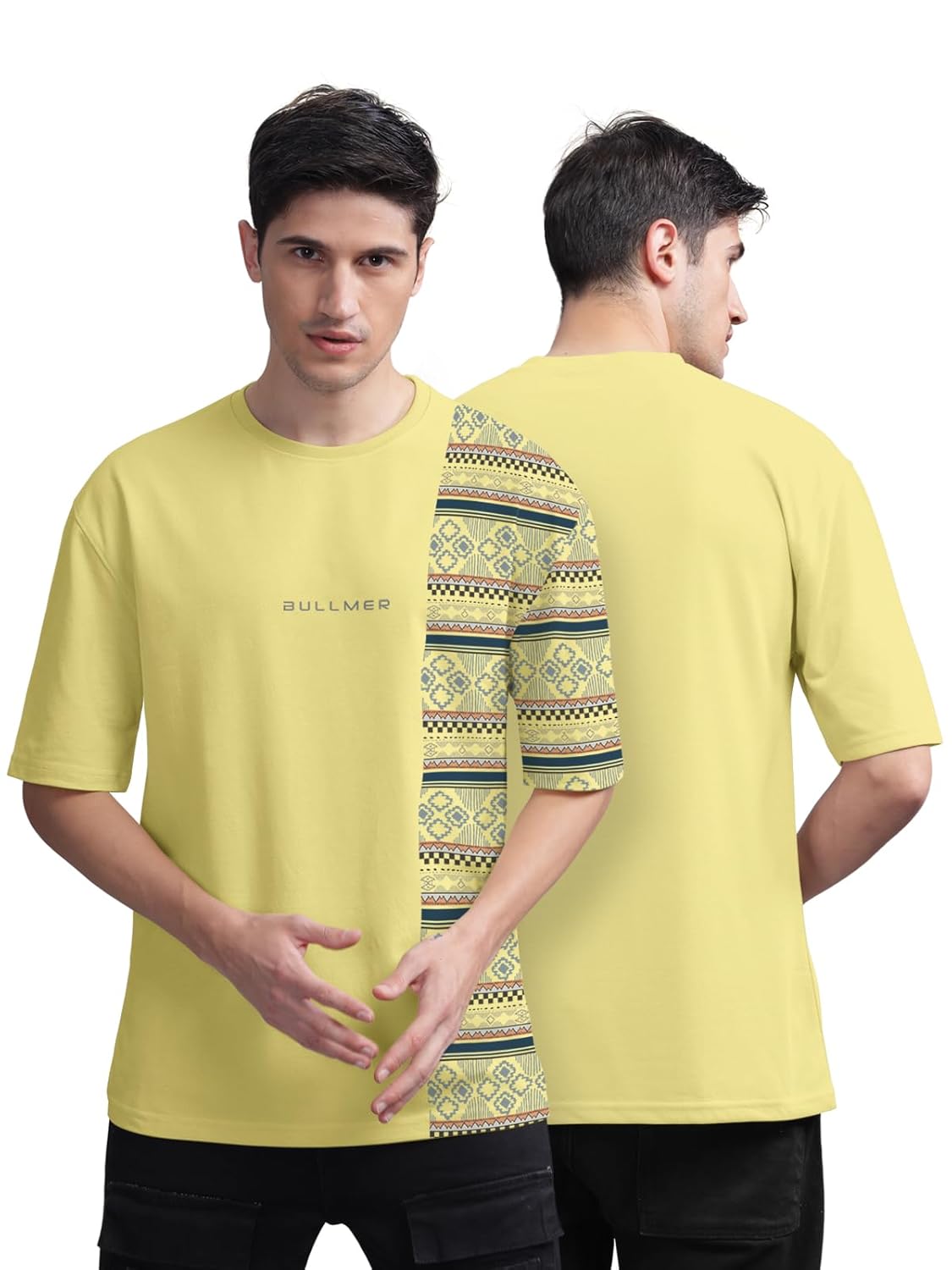 BULLMER Beige Front and Back Printed/Colourblock Baggy/Oversized Tshirt for Men - Image 5