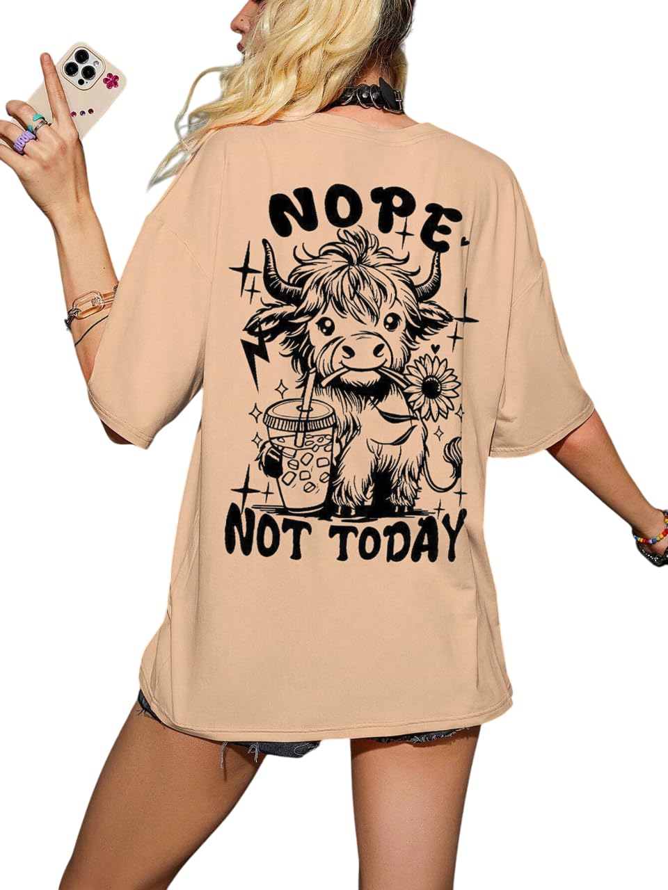 Jawdrobe Cotton Blend Oversized Fit Half Sleeve Printed Round Neck T-Shirt for Women | Aesthetic Summer Wear - Image 3