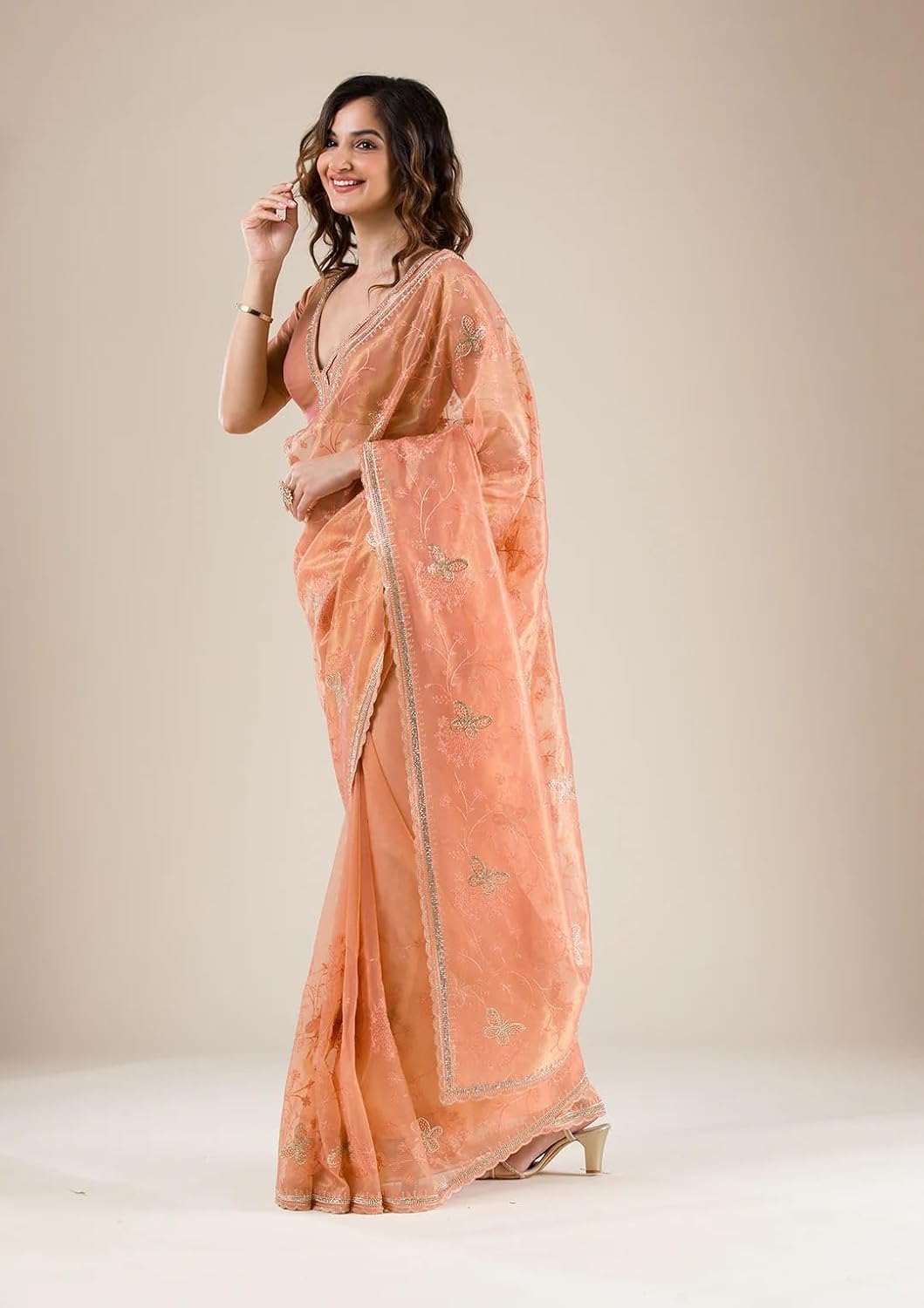 Women's Dual Tone Soft Net Sequin Embroidery, Siroski Work Saree with unstitched Blouse Piece - Image 6