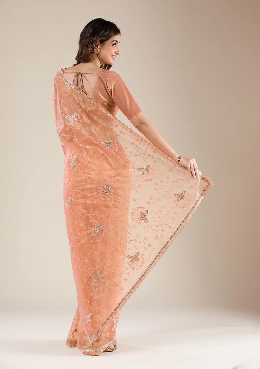 Women's Dual Tone Soft Net Sequin Embroidery, Siroski Work Saree with unstitched Blouse Piece - Image 2