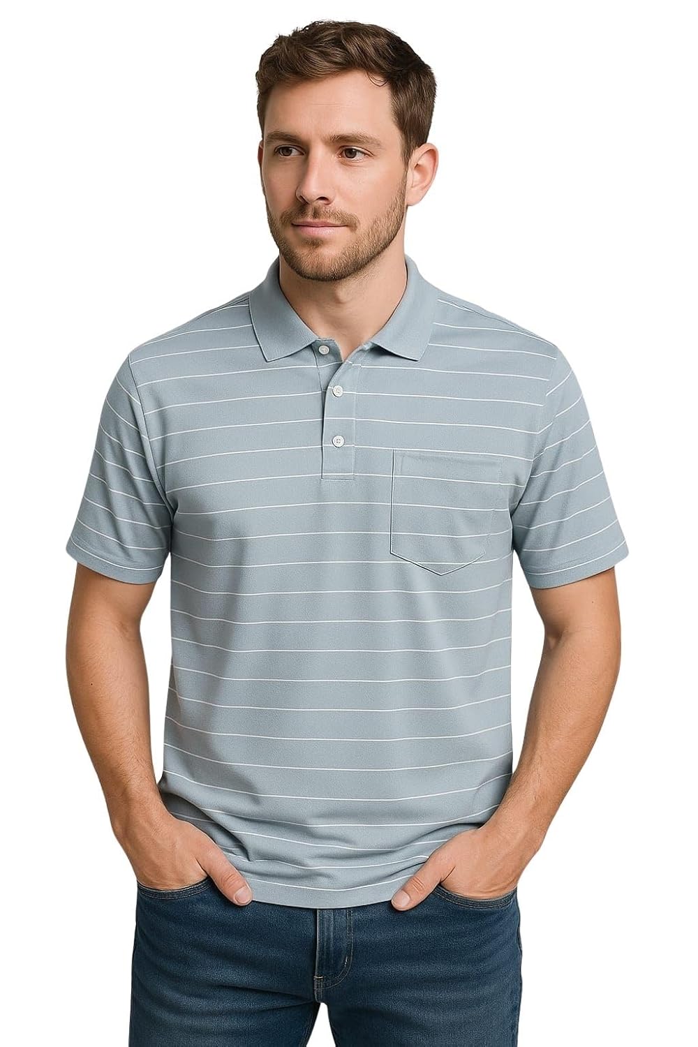 WILD ELEPHANT Men Striped Polo T-Shirt | Cotton Short Sleeve Polo Neck with Button | Chest Pocket Casual Wear - Image 12