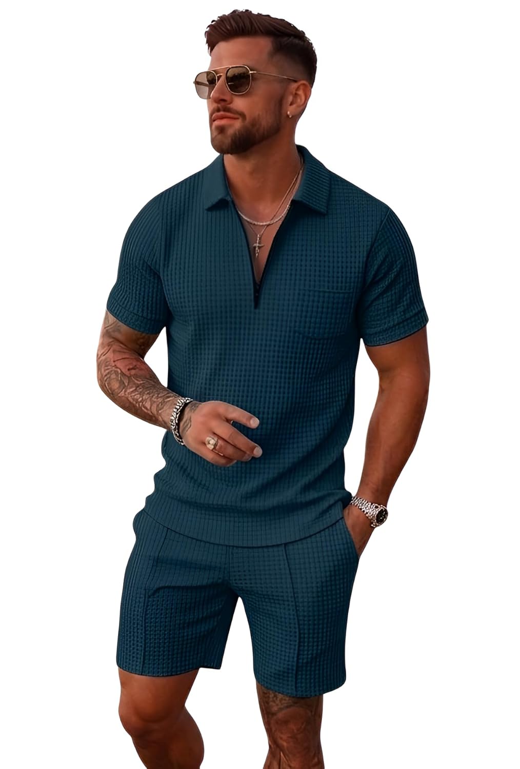 Jawdrobe Men's Polo T-Shirt and Shorts Co-Ord Set | Summer Casual Matching Outfit | Breathable Casual Two Piece Set for Beach | Travel | Vacation Wear - Image 3