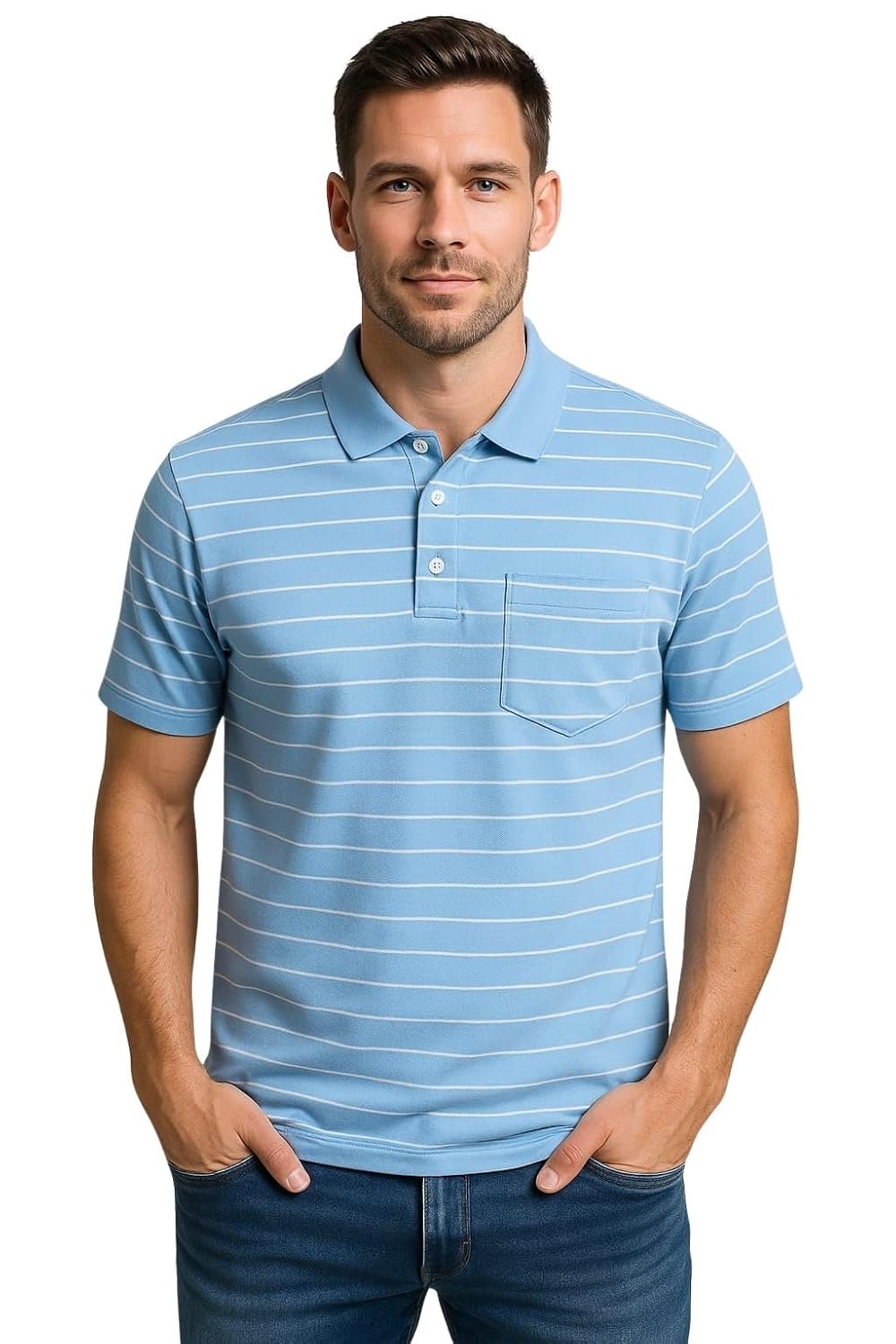 WILD ELEPHANT Men Striped Polo T-Shirt | Cotton Short Sleeve Polo Neck with Button | Chest Pocket Casual Wear