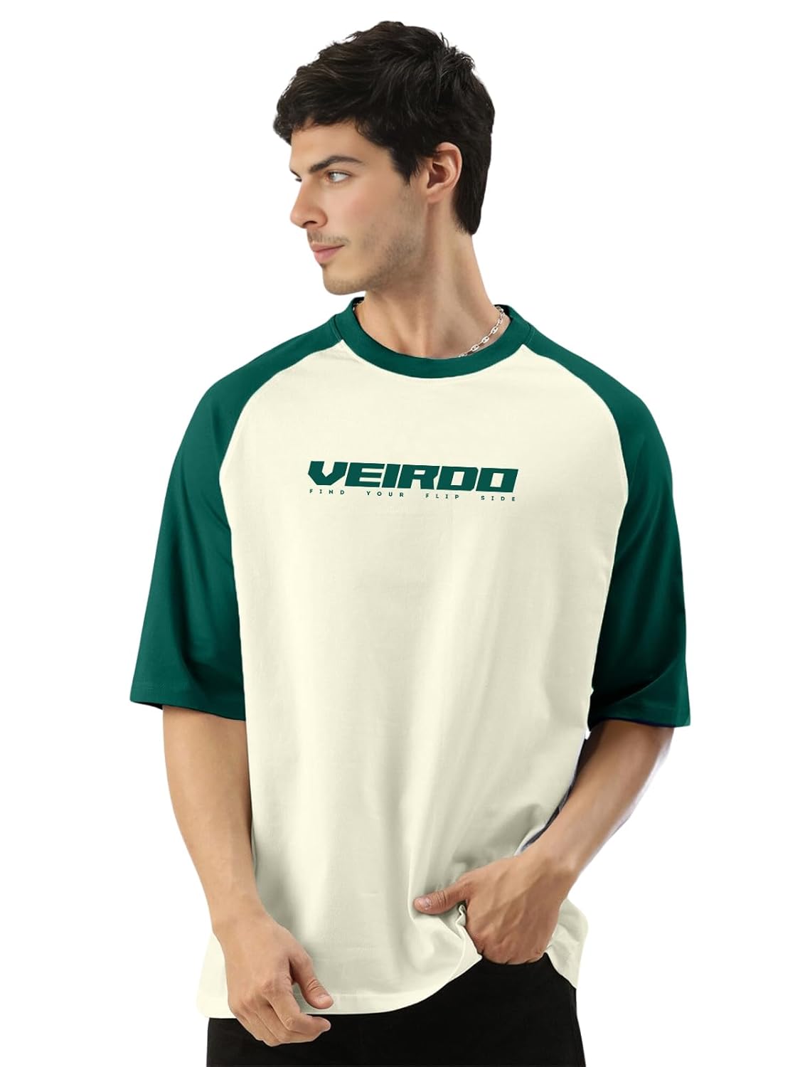Veirdo® 100% Pure Cotton Oversized Loose Baggy Fit Drop Shoulder Round Neck Cool Front Chest Typographic Logo Printed Raglan Sleeve T-Shirt for Men (Colors: White, Black, Swanwhite, Beige & Grey) - Image 2