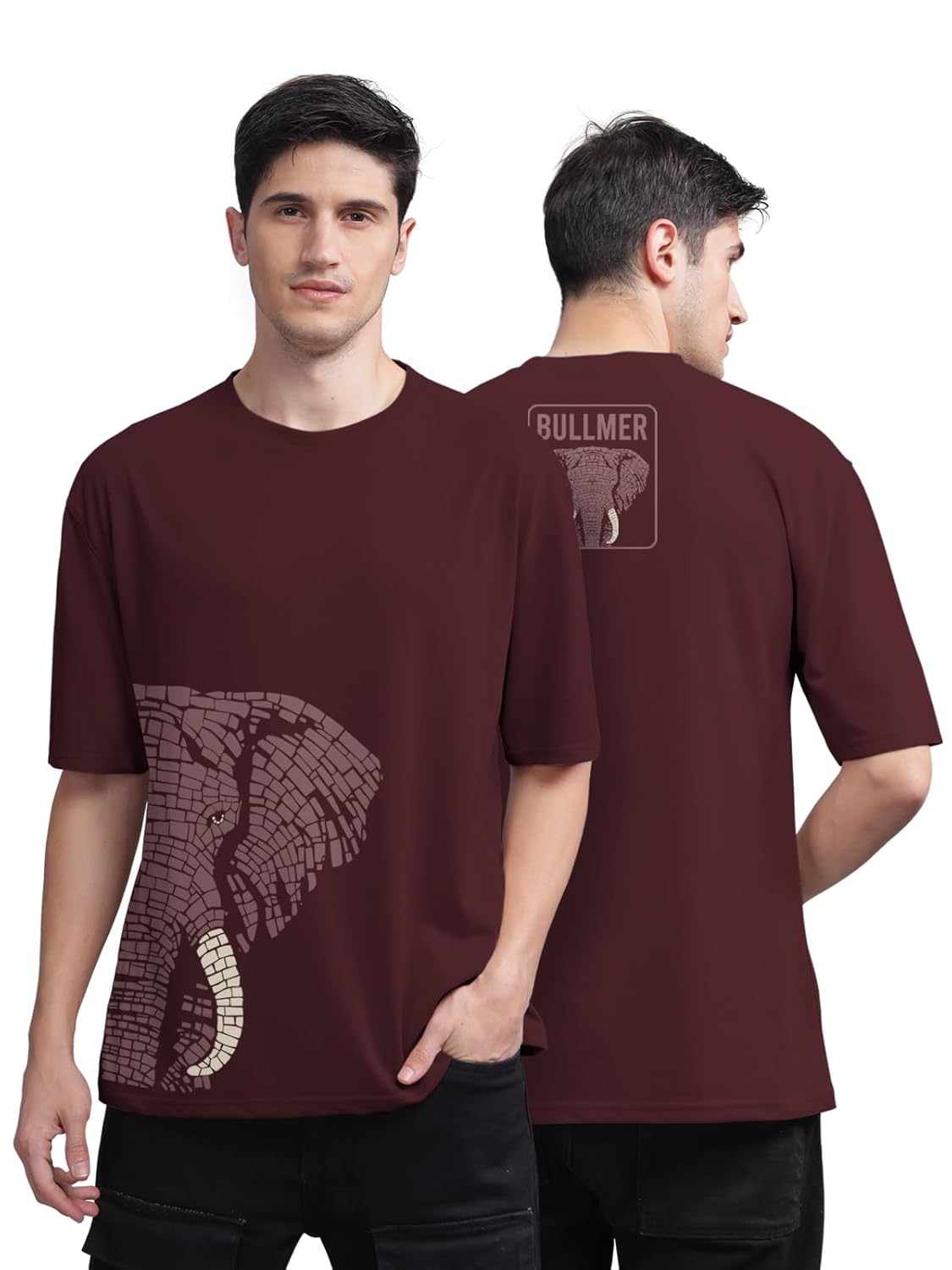 BULLMER Beige Front and Back Printed/Colourblock Baggy/Oversized Tshirt for Men - Image 2