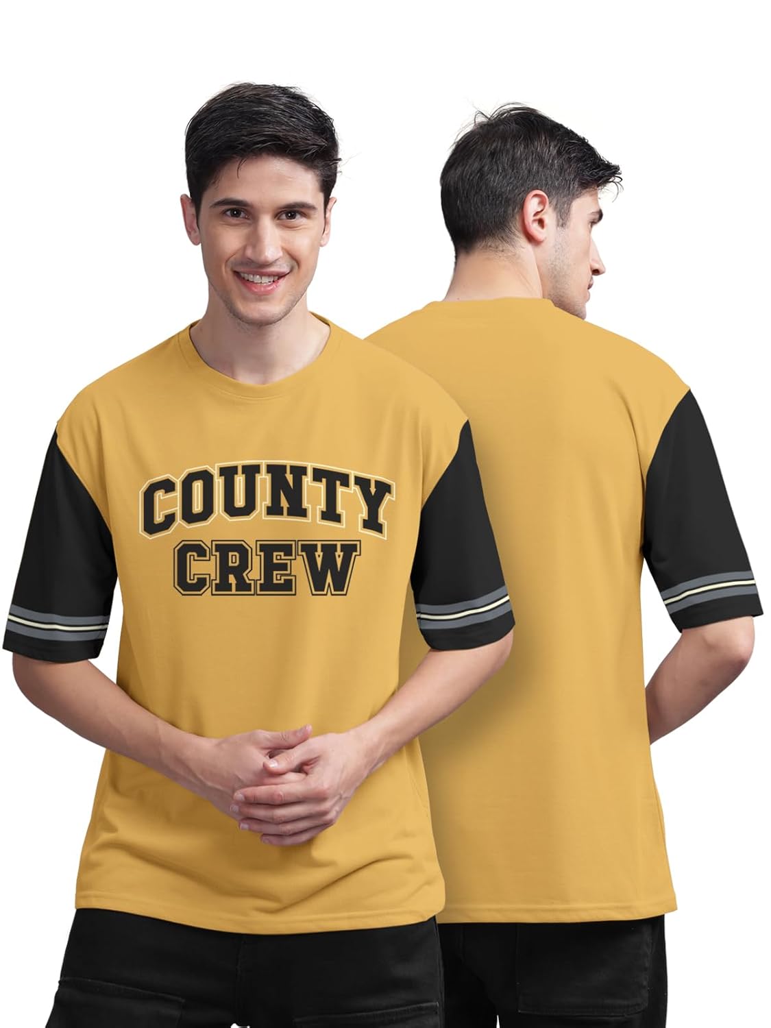 BULLMER Beige Front and Back Printed/Colourblock Baggy/Oversized Tshirt for Men - Image 9