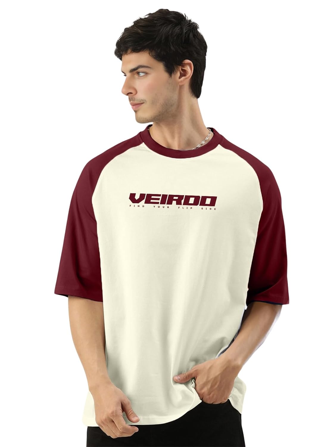 Veirdo® 100% Pure Cotton Oversized Loose Baggy Fit Drop Shoulder Round Neck Cool Front Chest Typographic Logo Printed Raglan Sleeve T-Shirt for Men (Colors: White, Black, Swanwhite, Beige & Grey) - Image 8