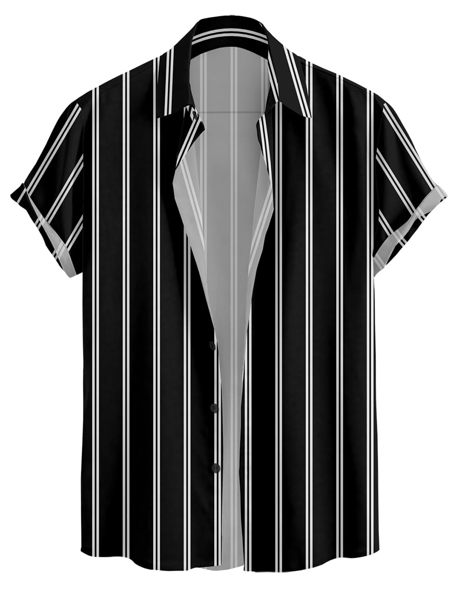 Vertical Striped Short Sleeve Casual Shirt for Men, Stratchable 100% Spandex Material,Black and White - Image 4