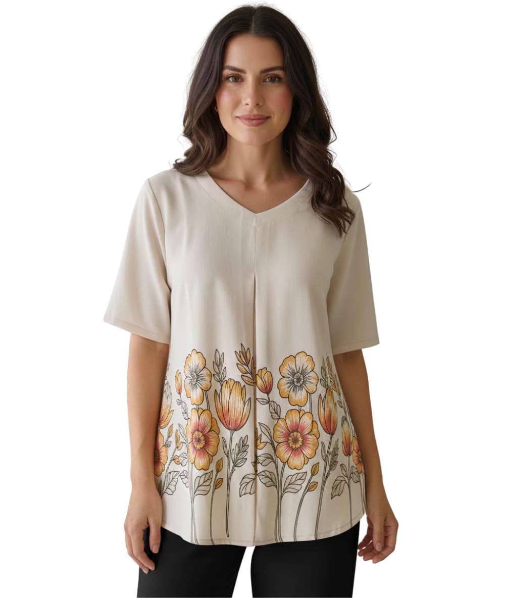 Bollyclues Women's Floral Printed Top | Soft Polycotton V-Neck Short Sleeve Tunic for Casual & Office Wear | Comfortable Ladies Top