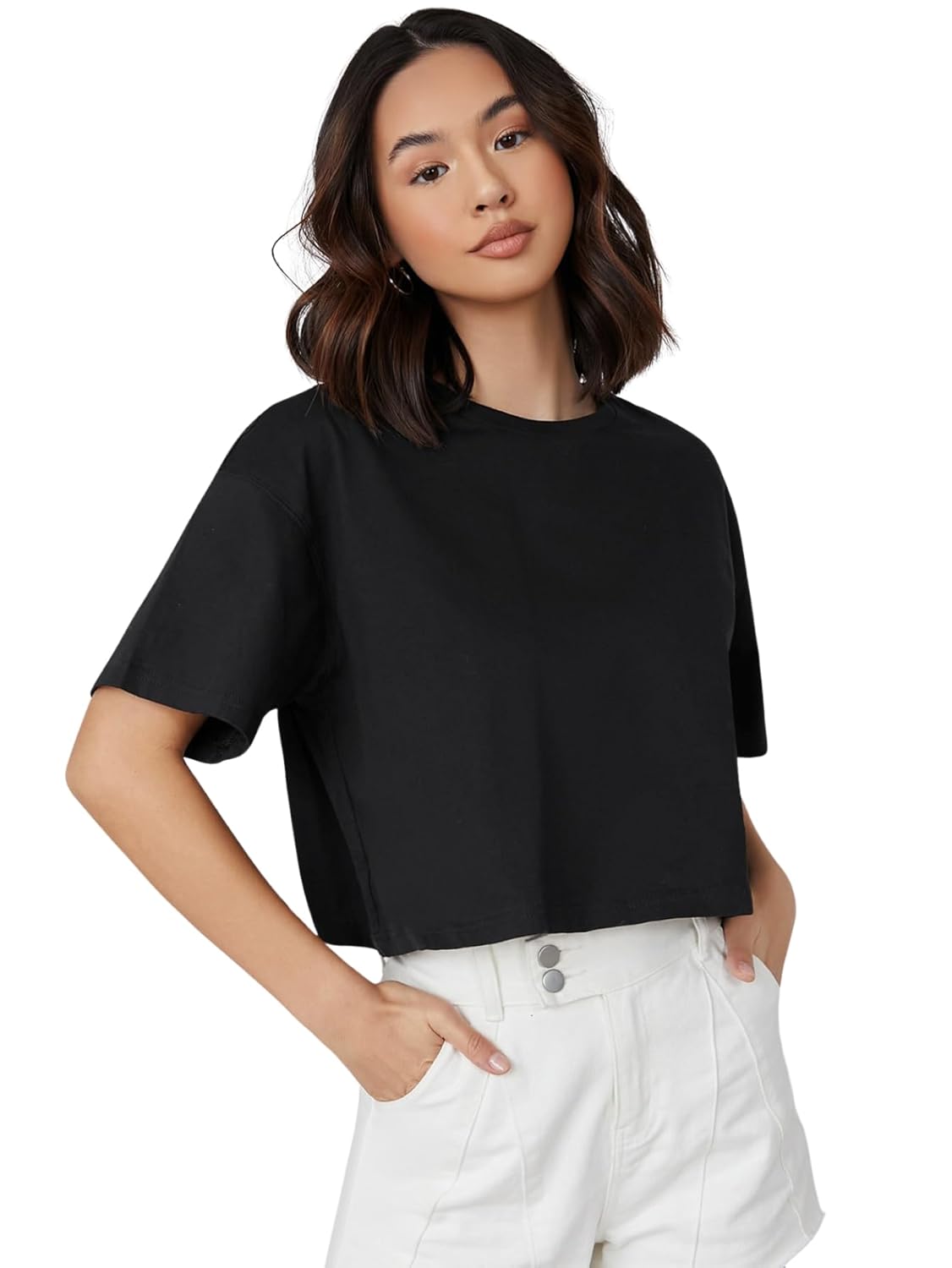 Aahwan Women's & Girl's 100% Cotton Black Solid Basic Oversized Fit Crop Top - Image 4