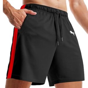 JUST RIDER Men's Athletic Shorts with Side Stripe, Quick Dry, Black and Red, with Pockets