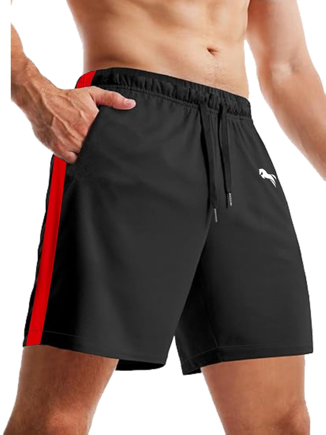 JUST RIDER Men's Athletic Shorts with Side Stripe, Quick Dry, Black and Red, with Pockets