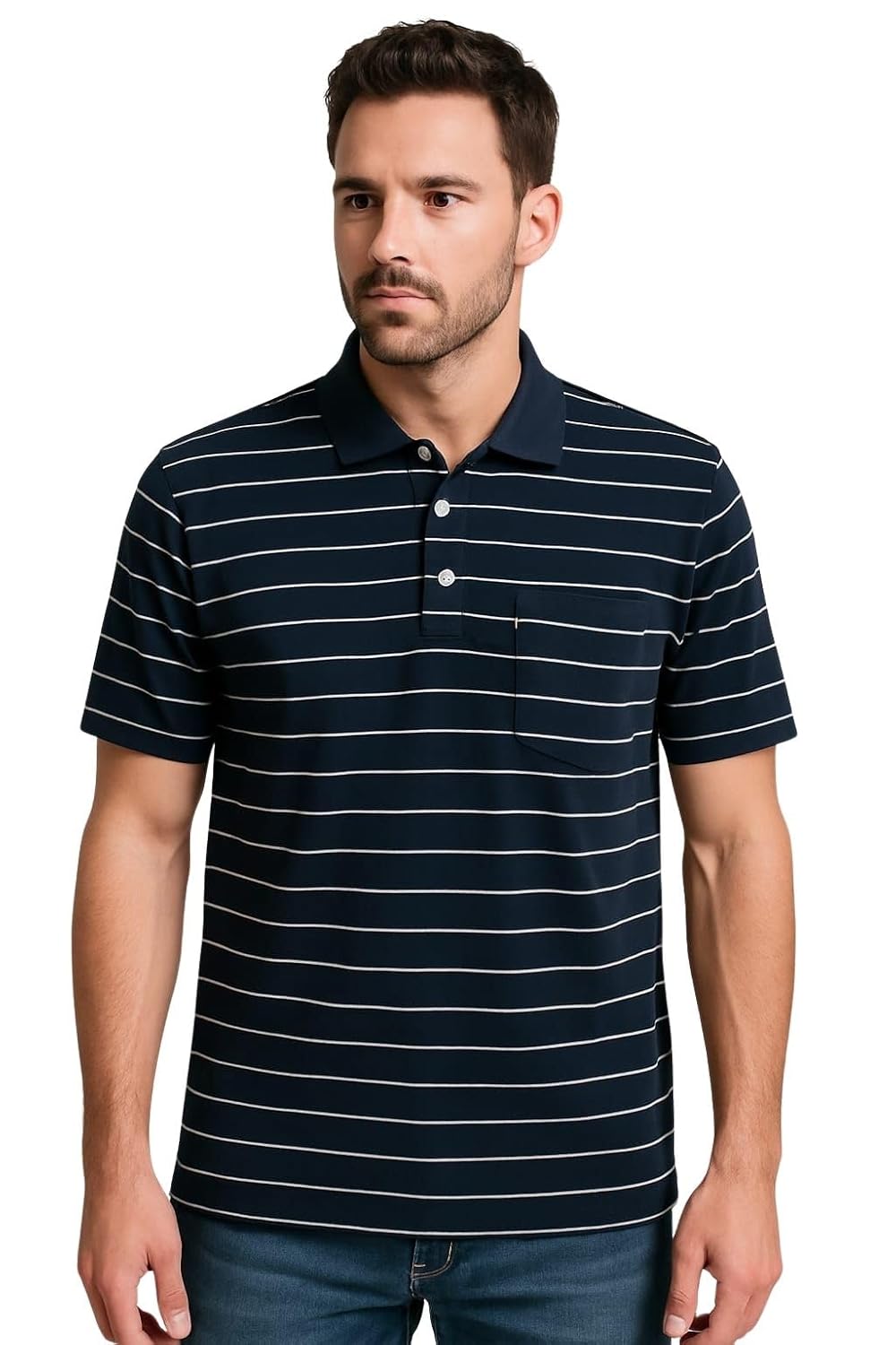 WILD ELEPHANT Men Striped Polo T-Shirt | Cotton Short Sleeve Polo Neck with Button | Chest Pocket Casual Wear - Image 4