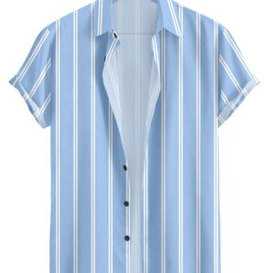 Vertical Striped Short Sleeve Casual Shirt for Men, Stratchable 100% Spandex Material,Black and White
